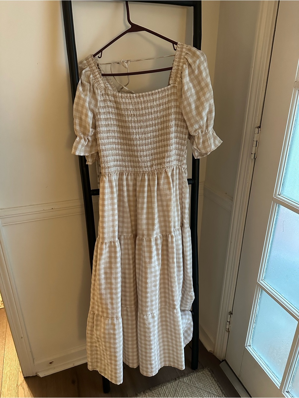 Gingham Smocked Maxi Dress in Beige and White